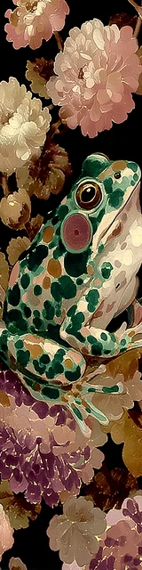 Free printable frog bookmark featuring spotted frog on flowers and dark background